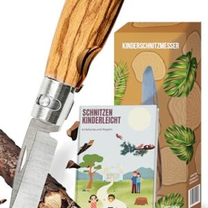 Einklappbares Kinderschnitzmesser mit hochwertigem Eichenholzgriff, designed für Sicherheit und Benutzerfreundlichkeit. Ideal für kreative Kinderaktivitäten in der Natur.
