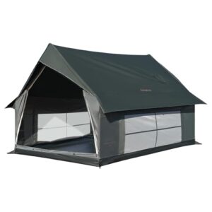 Geräumiges KingCamp Camping Zelt für 4-5 Personen in dunklem Grün, ideal für Outdoor-Aktivitäten, mit großen Fenstern für Belüftung und stabiler Struktur.