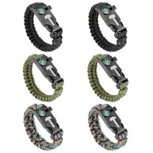 KITDAHOM 6 Stück Überlebensarmband in Schwarz, Armeegrün und Camouflage mit multifunktionalen Features für Outdoor-Aktivitäten.