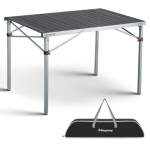 Klappbarer Campingtisch mit Aluminiumrahmen und aufrollbarer Tischplatte, geeignet für 4-6 Personen, belastbar bis 80 kg, in Silber.