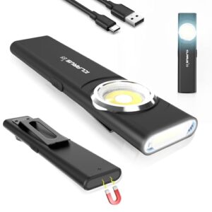 Wiederaufladbare klarus E5 Taschenlampe mit 600 Lumen, kompaktes Design, USB-C-Anschluss, Magnetfuß und Clip für vielseitige Anwendungen im Alltag und Outdoor.