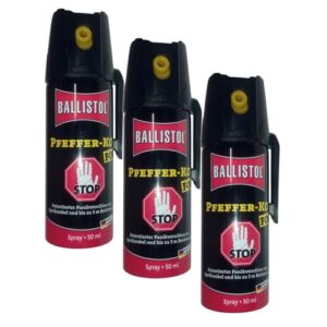 Drei Dosen KO Pfefferspray Jet im kompakten Design für persönliche Sicherheit und Selbstverteidigung. Effizientes Abwehrspray gegen Angreifer und Hunde.