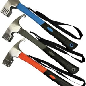 Set von drei verschiedenen Campinhämmern in Farben Blau, Grau und Orange mit ergonomischen Griffen und Heringzieher, ideal für Camping und Outdoor-Aktivitäten.