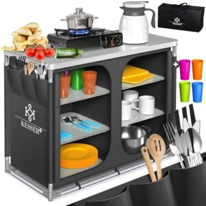 Kompakte und funktionelle Campingküche mit Aluminiumrahmen und praktischem Design für Outdoor-Aktivitäten, inklusive Tragetasche und Becherset.