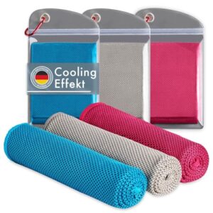 Blumtal Kühlhandtuch 3er Set in Blau, Grau und Pink, Verpackung mit kühlem Effekt, ideal für Sport und heiße Tage.