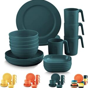 Kyraton Kunststoff Geschirrset mit 20 Teilen in Dunkelgrün, ideal für Picknicks, Camping und Outdoor-Aktivitäten. Das Set enthält Teller, Schalen und Tassen aus unzerbrechlichem, lebensmittelechtem Material.