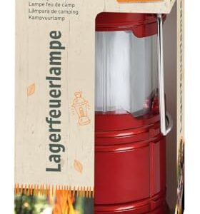 Rote LED Lagerfeuerlampe für Camping, Wandern und Outdoor-Aktivitäten, mit Metallbügel zum Aufhängen, abgebildet in hellem Verpackungsdesign.
