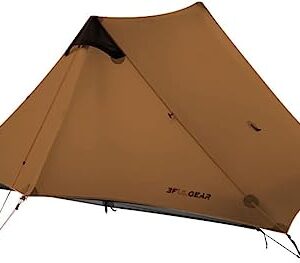 RXFSP Lanshan Ultraleichtes Zelt in orange-brauner Farbe, ideal für 3-4 Jahreszeiten Camping, aufgestellt in der Natur mit stabilen Abspannleinen.