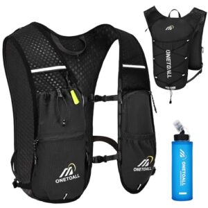 Sportliche Laufweste für Damen mit 500ml Trinkflasche, ideal für Laufen, Trailrunning und Radfahren, ausgestattet mit mehreren Taschen und reflektierenden Elementen für Sicherheit.