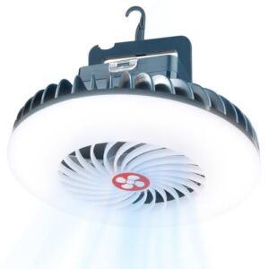 PlayDen LED Campinglampe mit Ventilator, tragbare und wasserdichte Outdoor-Lampe mit USB-Anschluss, ideal für Camping, Wandern und Angeln.