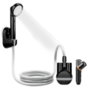 Tragbare LIBERRWAY Camping Dusche in elegantem Schwarz mit Duschkopf und flexiblem Schlauch, ideal für Camping und Reisen.