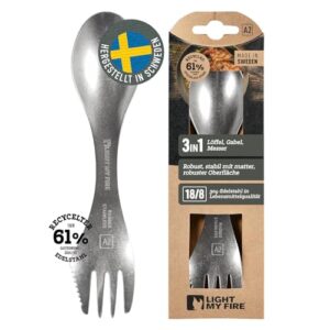 3-in-1 Edelstahl Spork von Light My Fire, langlebiges Campingbesteck aus Schweden, besteht aus Löffel, Gabel und Messer, ideal für Outdoor-Abenteuer.