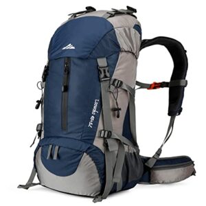 Loowoko Wanderrucksack 50L in Blau mit ergonomischem Design, ideal für Outdoor-Aktivitäten wie Wandern und Trekking, ausgestattet mit Regenschutz und zahlreichen Fächern zur praktischen Organisation.