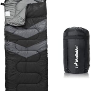 MalloMe Schlafsack Outdoor für Erwachsene und Kinder, ideal für Winter- und Campingabenteuer in schwarzem und grauem Design mit kompaktem Transportbeutel.