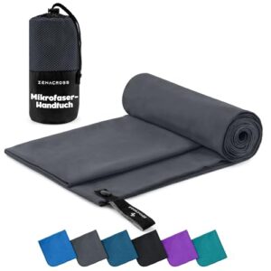 Schnelltrocknendes ZENACROSS Mikrofaser Handtuch in Dunkelgrau, aufgerollt mit praktischem Transportbeutel, ideal für Fitness und Reisen, Größe 100 x 50 cm