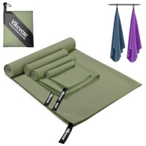 Mikrofaser Handtuch Set in Armeegrün bestehend aus einem großen Badetuch, zwei Sporthandtüchern und einem kompakten Reisehandtuch, ideal für Fitness und Strand.