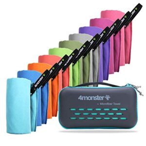 Eine Auswahl von 4Monster Mikrofaser Handtüchern in 14 verschiedenen Farben, aufgehängt und in einer praktischen Anordnung, ideal für Reisen und sportliche Aktivitäten. Unten sichtbar ein stabiles Etui für die Aufbewahrung.