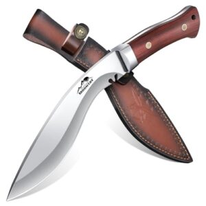 Moontay Outdoor Survival Messer aus hochwertigem VG10-Stahl mit gebogener Klinge und ergonomischem Sandelholzgriff, inklusive Lederscheide für sichere Aufbewahrung, ideal für Camping und Bushcraft.
