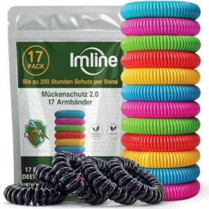Packung mit 17 bunten Mückenschutz-Armbändern in verschiedenen Farben wie Pink, Lila, Blau, Gelb, Grün und Orange, ideal für effektiven Insektenschutz beim Camping und Outdoor-Aktivitäten.