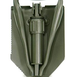 Multifunktionaler 3-teiliger Feldspaten der Deutschen Bundeswehr in olivgrün, ideal für Outdoor-Aktivitäten wie Camping und Gartenarbeit. Inklusive Säge und praktischem Transport-Design.