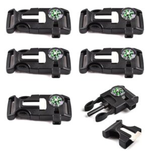 Multifunktionales Outdoor Survival Tool Set mit sechs schwarzen Kompassen, ideal für Camping und Outdoor-Aktivitäten, in zwei Reihen angeordnet mit stabilen Gehäusen und Clips zur Befestigung.