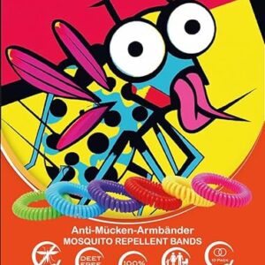 Verpackung der mysticflow Anti-Mücken Armbänder in bunten Farben mit stylisierter Mücke und dem Hinweis auf natürlichen Mückenschutz für die ganze Familie.