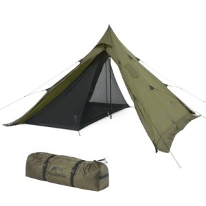 Naturehike Ranch Fire Thermozelt für 2-4 Personen in olivgrün, pyramidenförmig mit Herdanschluss, geeignet für Wintercamping und Outdoor-Aktivitäten.