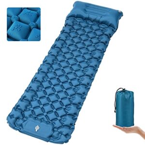 Selbstaufblasende Isomatte in lebhaftem Blau mit geometrischer Struktur für optimalen Schlafkomfort beim Camping oder Wandern.