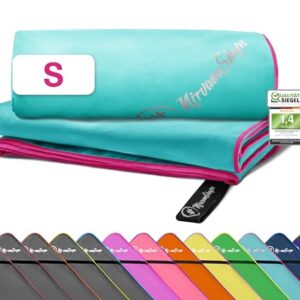 NirvanaShape Mikrofaser Handtuch in Türkis mit pinkem Rand, ideal als Reisehandtuch, Sporthandtuch und für den Strand mit einer Größe von 60 x 40 cm.