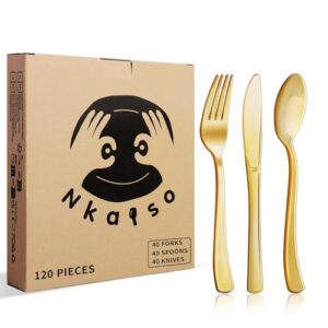 Nkaiso 120 Stück Gold Wiederverwendbar Besteck Set mit Gabel, Messer und Löffel in glänzender Ausführung, ideal für Feiern und Veranstaltungen, umweltfreundlich und stylisch.