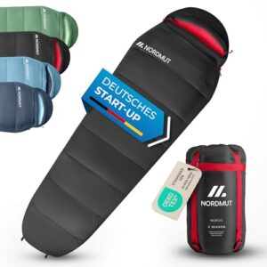 Ultraleichter NORDMUT Schlafsack für Erwachsene in verschiedenen Farben, ideal für Camping und Outdoor-Aktivitäten, präsentiert im offenen Zustand.