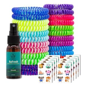 Olleeno Mückenschutz Set bestehend aus bunten Spiralarmbändern, einem Refill Spray und Anti-Mücken-Aufklebern, ideal für Outdoor-Aktivitäten und Insektenschutz.