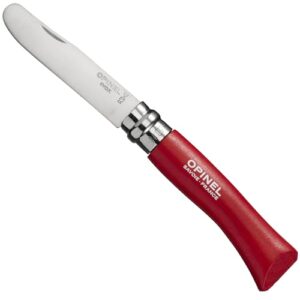 Opinel O001698 Messerzähler aus Edelstahl mit rotem ergonomischen Griff, ideal für präzises Schneiden in der Küche.