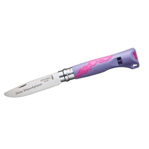 Opinel Outdoor Junior Kindermesser mit violettem Kunststoffgriff, rostfreier Klinge und integrierter Signalpfeife für Kinder, sicher und stylisch.