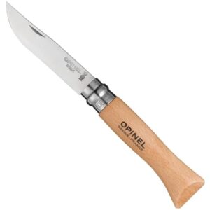 Opinel O123060 Taschenmesser mit braunem Hartholzgriff und glänzender Edelstahlklinge, ideal für Natur, Camping und Alltag.