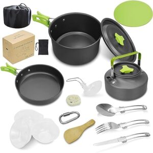 14-teiliges Camping Kochgeschirr Set für 2 Personen, bestehend aus Töpfen, Pfanne und Utensilien, ideal für Outdoor Aktivitäten