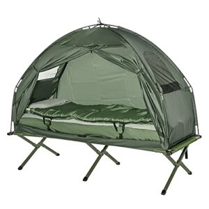 Outsunny Feldbett 4 in 1 Camping Set mit Zelt, Schlafsack und Luftmatratze in Dunkelgrün für Outdoor-Aktivitäten