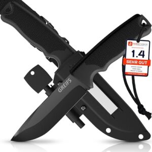 GREIFS Outdoor-Messer G-Serie mit schwarzer Klinge und ergonomischem Griff, geeignet für Survival und Bushcraft-Aktivitäten.