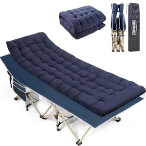 Klappbares Feldbett mit Matratze in Dunkelblau, ideal für Camping, Garten oder Büro. Mit stabiler Konstruktion und hohem Komfort.
