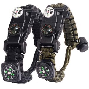 Paracord Survival Armband Kit mit integriertem Kompass, Feuerstein und weiteren nützlichen Funktionen für Outdoor-Abenteuer in Schwarz und Armeegrün.