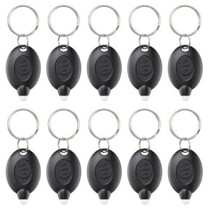 10 Stück schwarze LED-Schlüsselanhänger-Taschenlampen in zwei Reihen angeordnet, tragbar und ultrahell mit silbernen Ringen zum Befestigen.