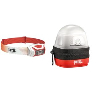 Petzl ACTIK CORE wiederaufladbare Frontlampe in Rot mit NOCTILIGHT Gürteltasche für Outdoor-Aktivitäten, leicht und vielseitig.
