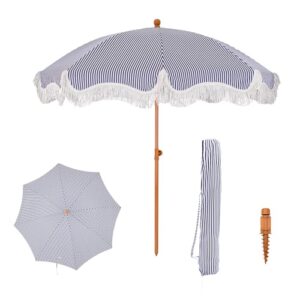 Eleganter PHI VILLA Sonnenschirm in Blau mit Streifen, 200 cm Durchmesser, ideal für Garten, Terrasse und Strand, mit Fransen und knickbarem Design für optimalen Sonnenschutz und Stil.