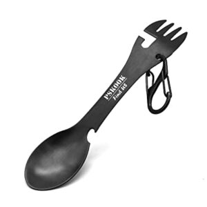 PSKOOK Spork 5-in-1 Outdoor Besteck aus Edelstahl, kombiniert Gabel, Löffel, Dosenöffner und Flaschenöffner in mattschwarz, ideal für Camping und Reisen.