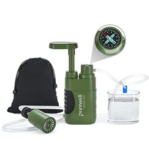 Purewell Outdoor Wasserfilter mit abnehmbarem Kohlefilter für sicheres Trinkwasser, 0,01 Mikron Filtration, ideal für Camping und Wandern.