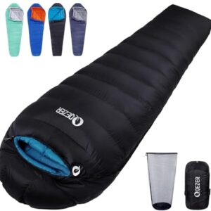 QEZER Daunenschlafsack in Schwarz, geeignet für Temperaturen von 0°C bis -23°C, ideal für Camping und Outdoor-Abenteuer für Erwachsene und Kinder.