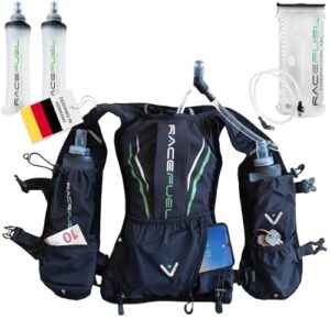 Ultraleichte RaceFuel Marathon Weste Trinkrucksack für Laufen und Wandern mit 1,5L Trinkblase und Softflasks in einem sportlichen Design.