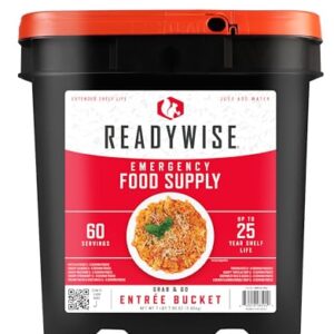 ReadyWise Notrationseimer mit 60 Portionen Notfallnahrung für Mittag- und Abendessen in einem stabilen schwarzen Eimer mit orangefarbenem Deckel und Nahrungsmittelgrafik.