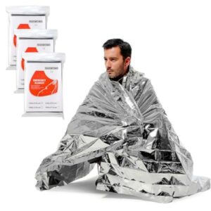 Mann eingewickelt in eine silberne Rettungsdecke, geeignet für Notfälle und Outdoor-Aktivitäten, hinter ihm sind drei Pakete mit weiteren Rettungsdecken sichtbar.