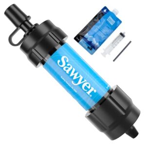 Sawyer Mini PointONE Wasserfilter in Blau, entfernt 100% Mikroplastik und 99,99999% aller Bakterien, ideal für Outdoor-Aktivitäten und Notfälle.